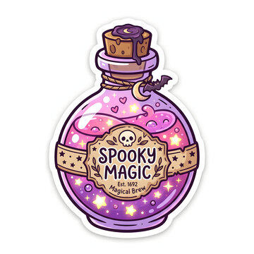 Cute purple magic potion bottle with spooky brew label and mystical stars for Halloween decoration
