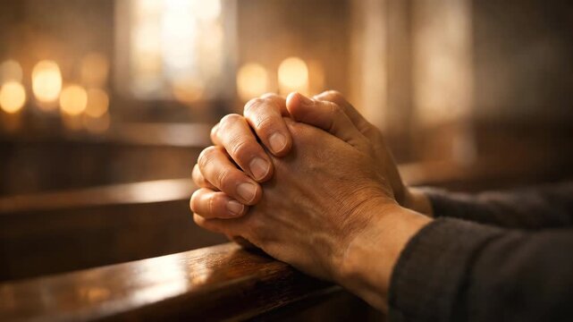 Close up of elderly clasped hands in prayer resting on a wooden church pew, blurred glowing candlelight in the background, faith and devotion concept

