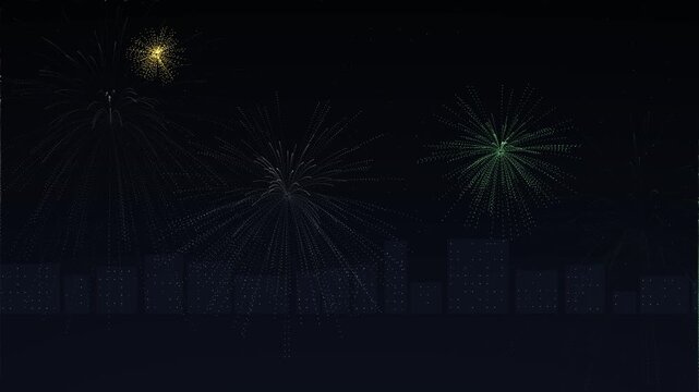 Colorful fireworks bursting over stylized city skyline at night celebration background