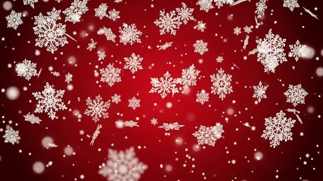 Falling snowflakes on red background with glowing bokeh particles, festive Christmas holiday motion graphic overlay loop
