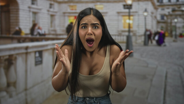 Hispanic woman with long hair raising both hands and open mouth in a shocked gesture on a cobblestone street beside a stone railing and lamppost; surprise confusion.