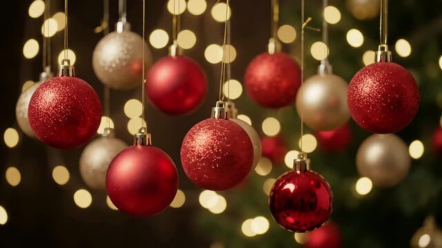 Hanging Christmas baubles in red and gold with warm bokeh fairy lights, festive holiday celebration motion graphic background loop
