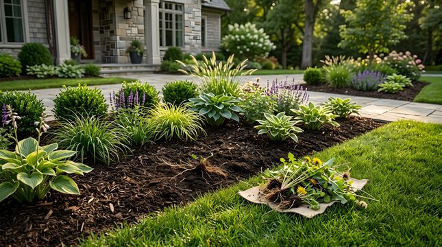 Pulled Dandelions on Burlap Beside Freshly Mulched Front Garden Bed