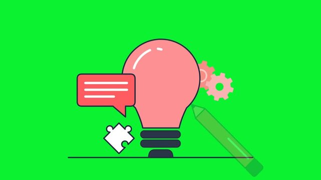 Creative Process Illustration with Light Bulb, Puzzle Piece, Gears and Pencil for Innovation and Brainstorming Concept