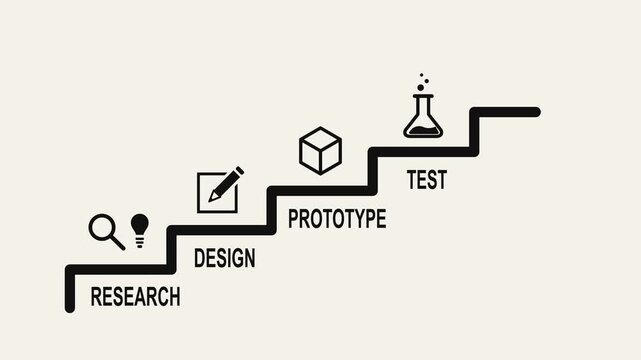 Conceptual illustration of a product development process showing stages from research and design to prototyping and testing