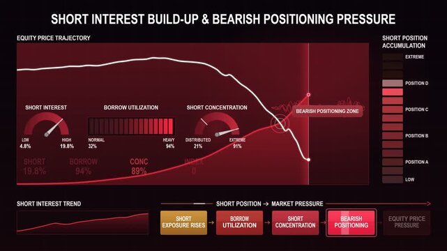 Financial dashboard showing bearish market trends, short interest analysis, and equity price trajectory for stock trading risk management