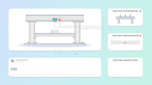 Technical illustration of structural load distribution and vibration monitoring system for civil engineering bridge safety analysis
