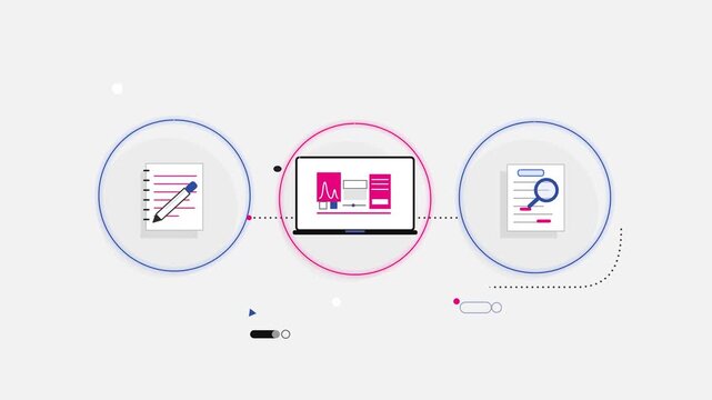 Abstract digital business workflow illustration depicting planning steps, laptop monitoring, and data analysis processes