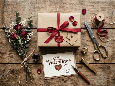 Overhead view of Valentine's Day gift wrapping with dried roses and handwritten card