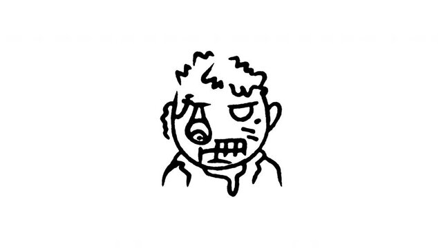 Animated doodle icon of an undead zombie head with scary face expression.
