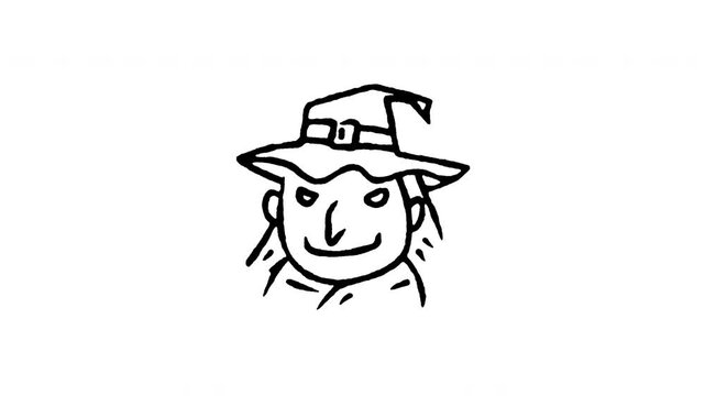 Animated doodle icon of a wicked old witch face character wearing a pointed hat.