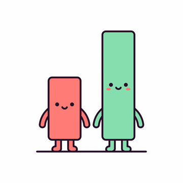 Two cute smiling bar chart characters standing side by side together