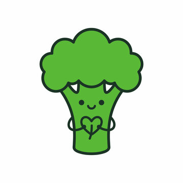 Cute smiling broccoli character holding a heart in its hands