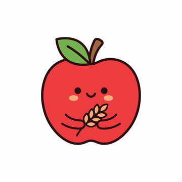 Cute smiling red apple character holding a golden wheat stalk