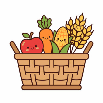 Wicker basket full of cute smiling food characters with faces