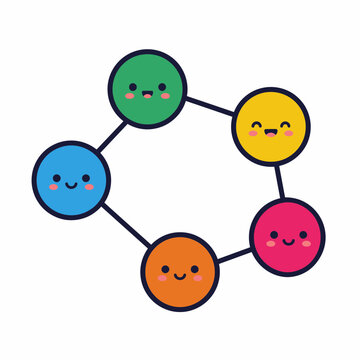 Five colorful connected circle characters forming a network