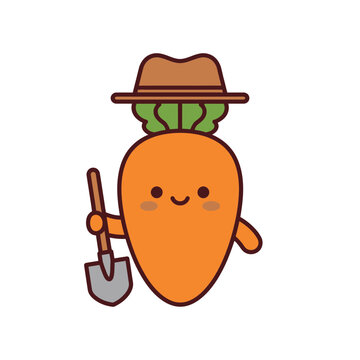 Cute carrot character wearing a farmer hat holding a shovel