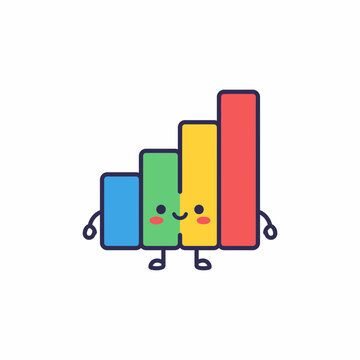Cute smiling bar chart character with four colorful bars