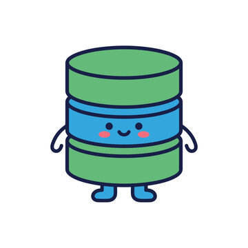 Cute smiling database cylinder character in green and blue