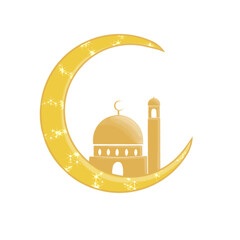 Golden crescent moon with sparkling stars surrounding an elegant mosque with a dome and minaret, isolated on a transparent background. © Yulis