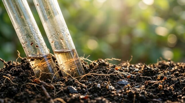 Scientific test tubes inserted into dark, fertile soil, representing soil analysis, environmental research, and agricultural science experiments world soil day