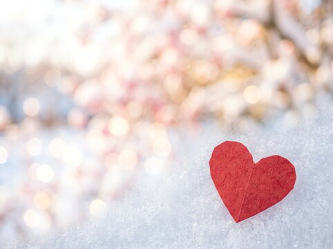 Red Paper Heart on Soft Snow with Bokeh Background