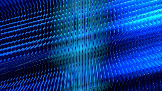 Abstract futuristic blue corrugated metal texture background with dynamic wave patterns and glowing light highlights for modern digital designs