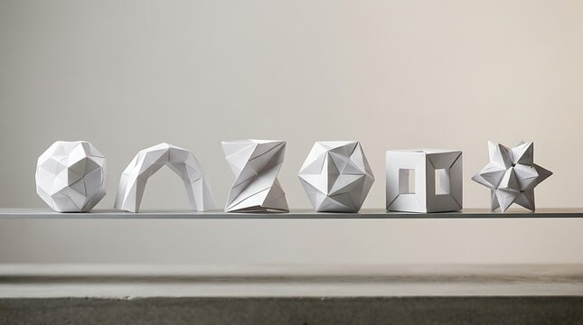 Six white geometric paper sculptures arranged in a row on a shelf