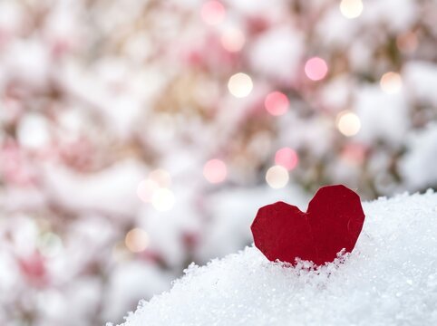 Red Paper Heart Resting in Soft Snow with Bokeh Lights