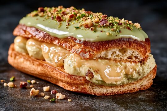 Pistachio eclair dessert with cream filling and nuts gourmet pastry
