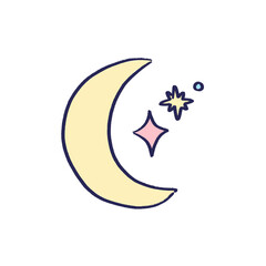 Cute pastel crescent moon and stars hand drawn doodle illustration isolated on transparent background PNG⁠ © Yejin Kim