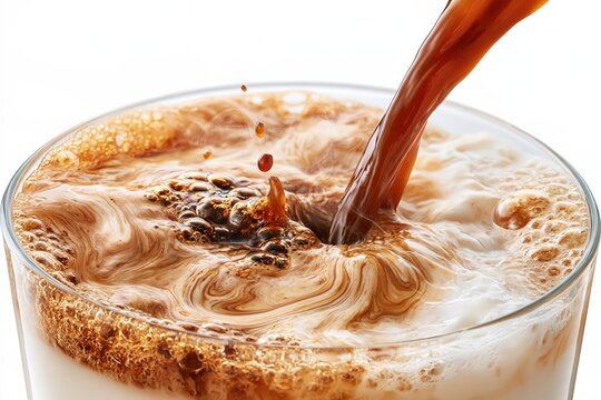 Coffee pouring into milk creating creamy swirl and splash in glass
