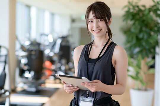 フィットネスジムで働く女性のインストラクターが笑顔でタブレット端末を持つ