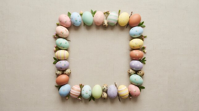 Minimalist Square Border Frame ComposedColorful Decorated Easter Eggs Arranged on Neutral Beige Surface easter eggs square frame beige background holiday decoration spring celebration festive