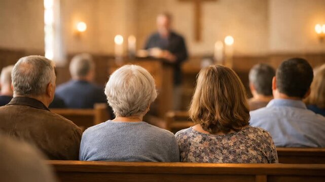 Congregation seen from behind sitting in wooden pews as a pastor reads from a lectern in a church with a cross on the wall, warm candlelight