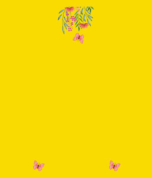 Watercolor Hanging Floral Vines and Pink Butterflies Motif Saree Blouse Layout on Bright Yellow Background