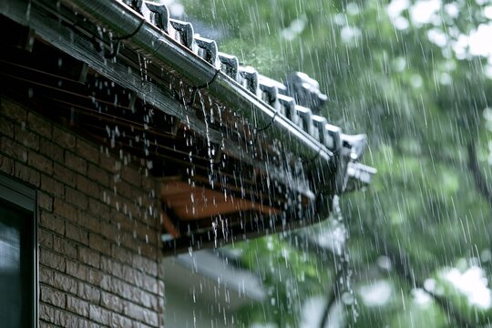 梅雨の時期に降る大雨で雨樋から溢れる水