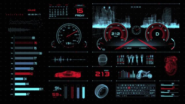 Widescreen panel automotive hud dashboard with speedometer gauges and wireframe car parts representing vehicle telemetry concept