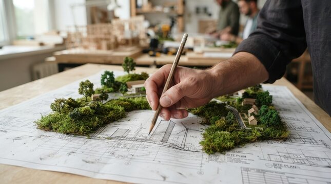Architect detailing sustainable city master plan with moss and miniature trees on blueprint in design studio