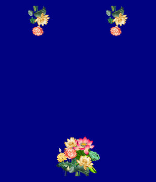 Botanical Pink and Yellow Lotus Bouquet with Seed Pods Saree Blouse Design on Deep Blue Base