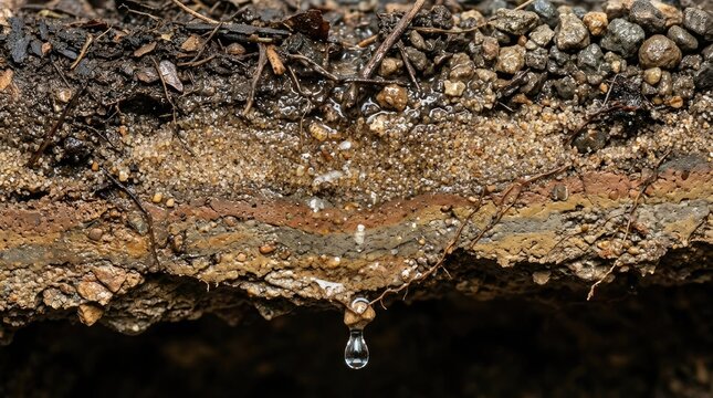 Closeup of soil layers showing water infiltration and percolation through different geological strata with a single water droplet hanging from the bottom edge world soil day