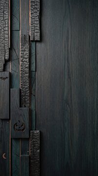 Halloween Copy Space Background with Charred Black Wood Panels, Carved Jack-o'-Lantern and Bat, Dark Teal Oak Wood Grain for Wallpaper, Website Header or Event Poster