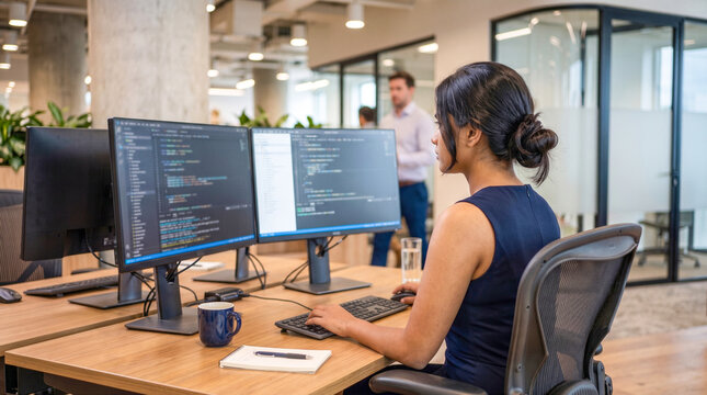 Female Software Engineer Writing Programming Code on Dual Monitors in Modern Technology Office