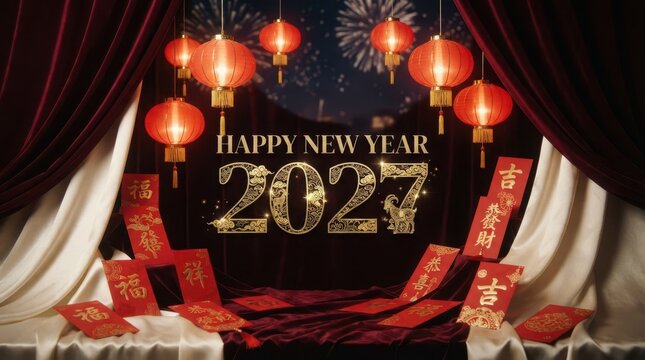 Chinese New Year 2027 celebration with golden typography and hanging lanterns amidst rich red silk and fireworks