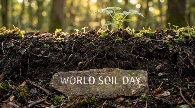 World soil day concept with a stone sign placed in fertile forest soil featuring a young green plant sprout and earthworms world soil day