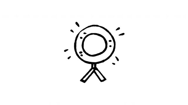 Animated doodle icon of a circular LED ring light on a tripod stand for video lighting.