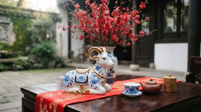 Traditional Chinese New Year goat figurine with tea set and red flowers on a wooden table in a garden setting