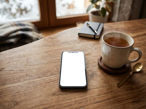 Smartphone and Tea Cup on a Wooden Desk