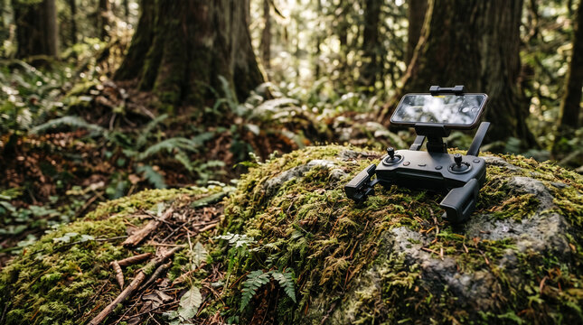 Drone Controller with Phone on Mossy Forest Rock