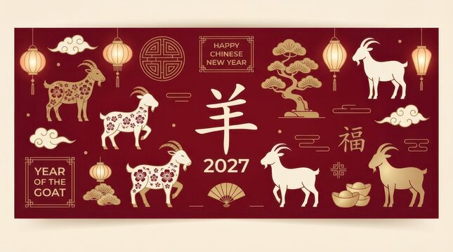 Set of traditional Chinese New Year 2027 icons featuring goats lanterns and lucky symbols in a flat vector design